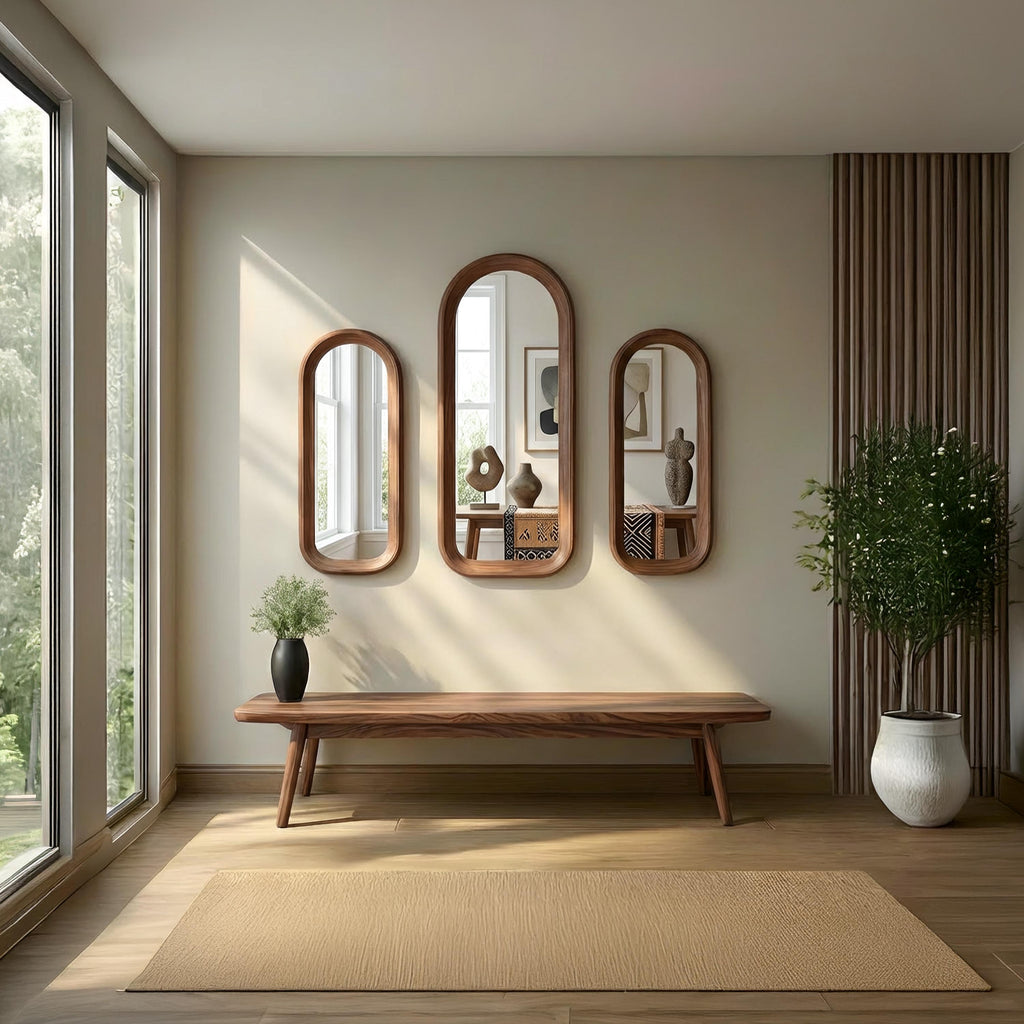 Solid Walnut Asymmetrical Mirror Set, Organic Modern Entryway Wall Art