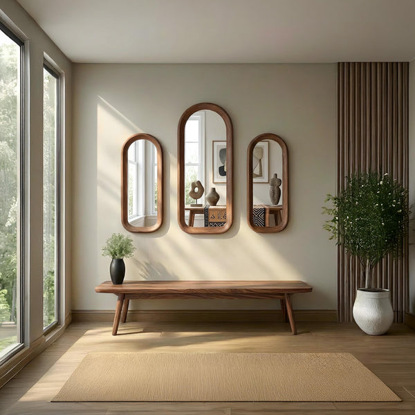 Solid Walnut Asymmetrical Mirror Set, Organic Modern Entryway Wall Art