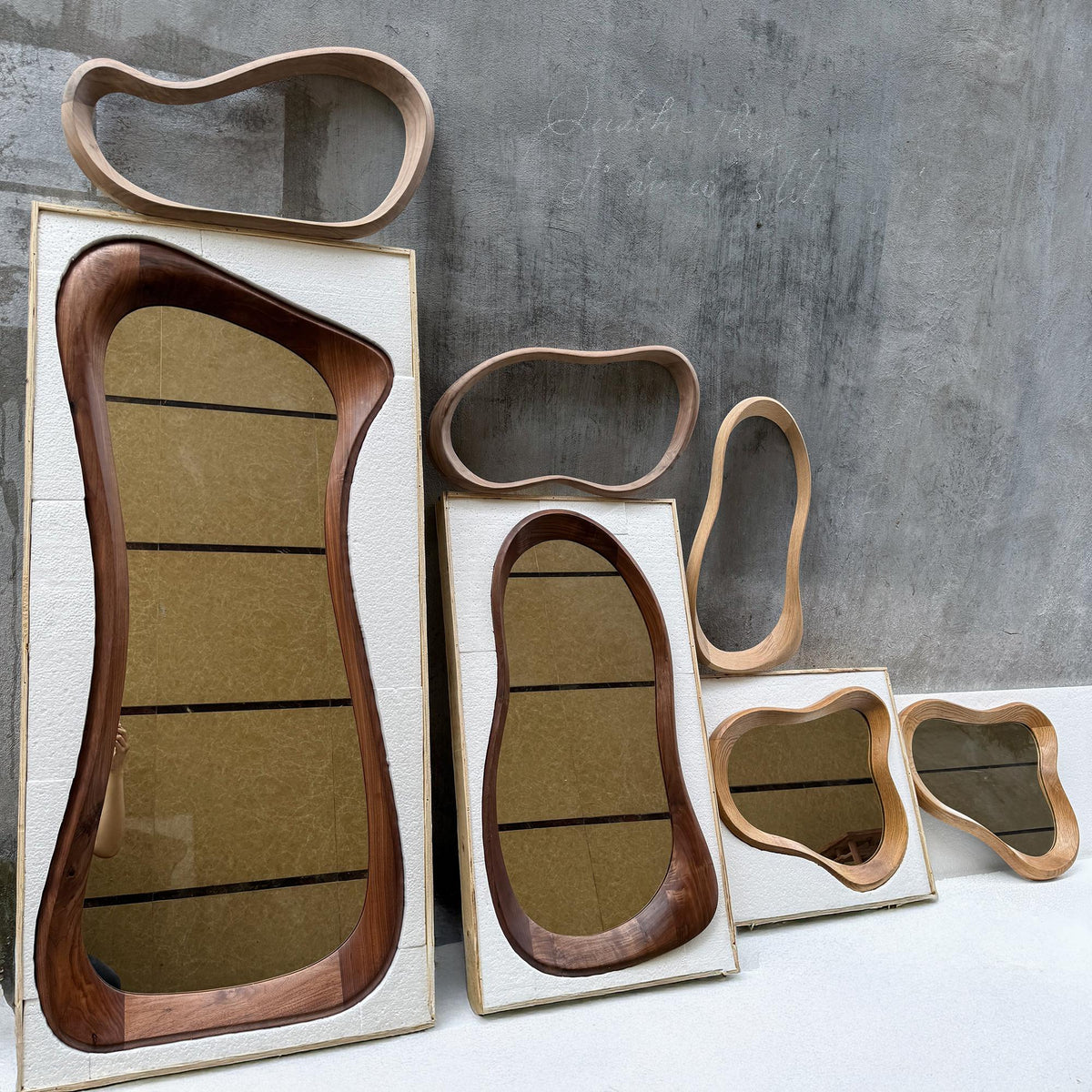 Solid Walnut Asymmetrical Mirror Set, Organic Modern Entryway Wall Art