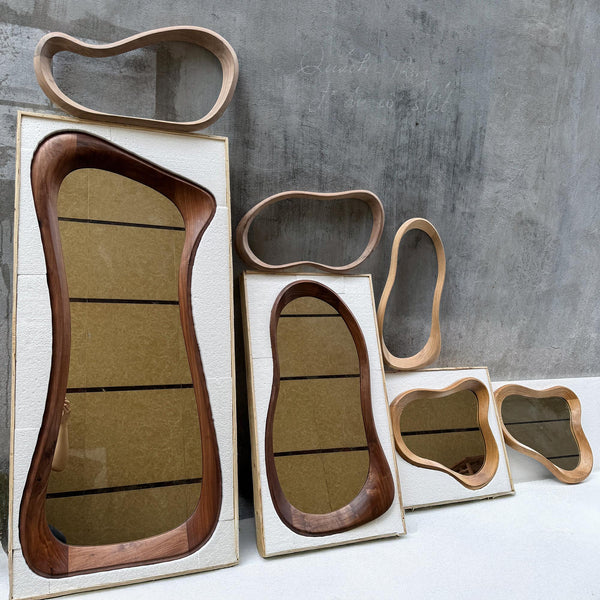 Solid Walnut Asymmetrical Mirror Set, Organic Modern Entryway Wall Art