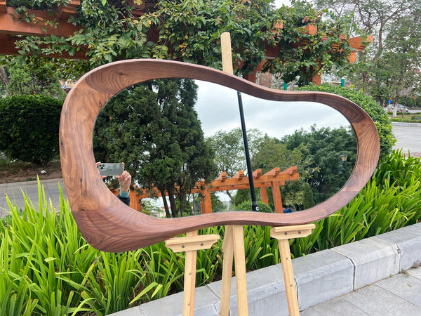 Solid Walnut Asymmetrical Mirror, Organic Modern Entryway Wall Art