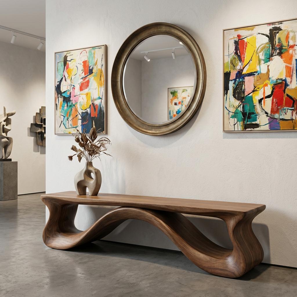 Handmade Solid Walnut Bench, Sculptural Mid-Century Modern Entryway Seating