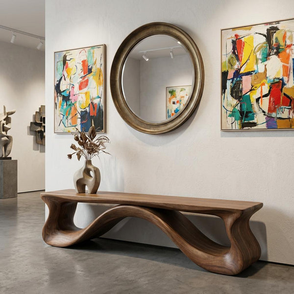 Handmade Solid Walnut Bench, Sculptural Mid-Century Modern Entryway Seating