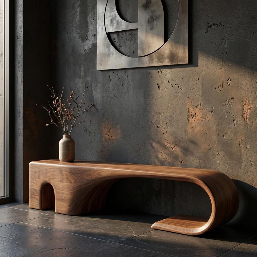 Handmade Walnut Bench – Mid-Century Modern Sculptural Entryway Bench