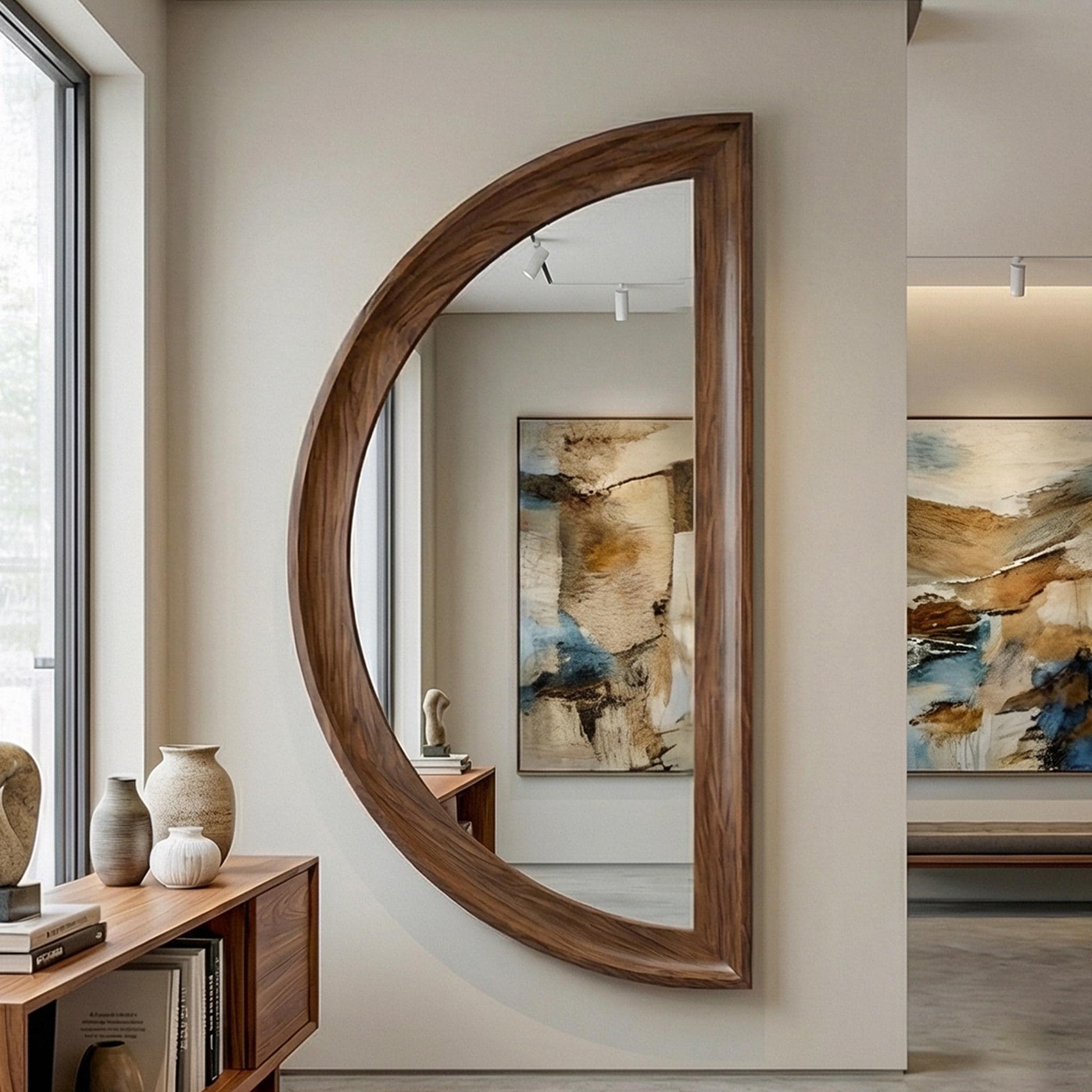 Asymmetrical Half Moon Walnut Wall Mirror – Handmade Modern Vanity Decor