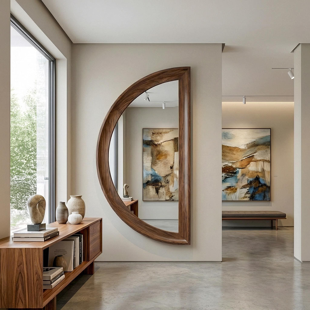 Asymmetrical Half Moon Walnut Wall Mirror – Handmade Modern Vanity Decor