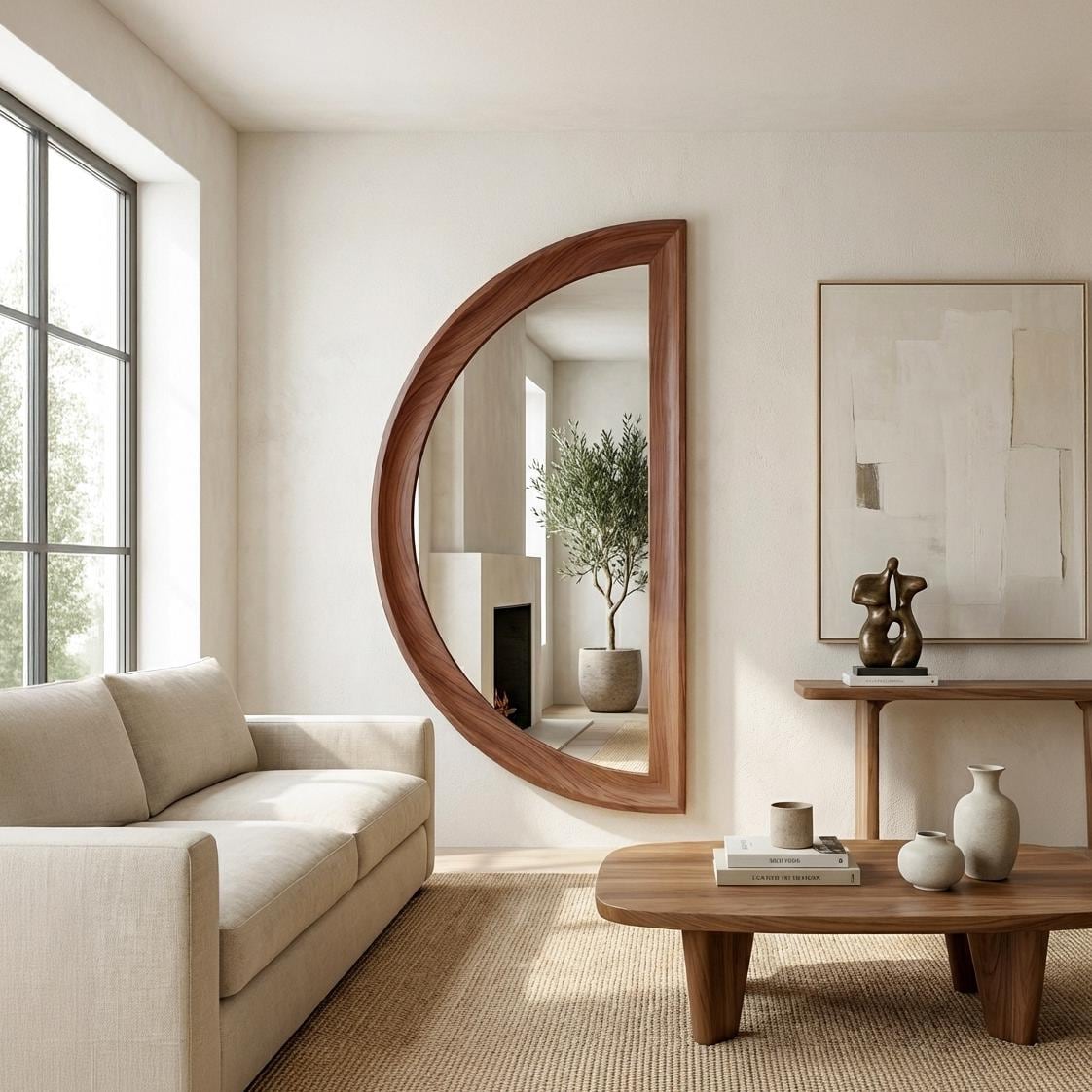 Asymmetrical Half Moon Walnut Wall Mirror – Handmade Modern Vanity Decor
