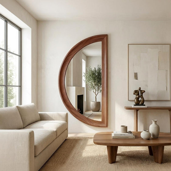 Asymmetrical Half Moon Walnut Wall Mirror – Handmade Modern Vanity Decor