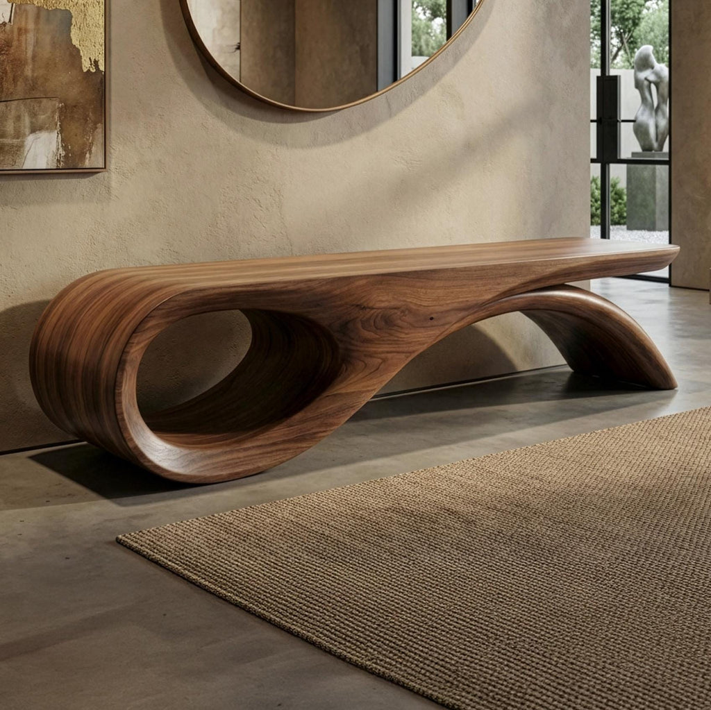 Handmade Solid Walnut Bench, Sculptural Mid-Century Modern Design