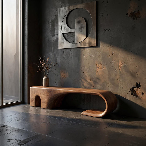 Handmade Walnut Bench – Mid-Century Modern Sculptural Entryway Bench