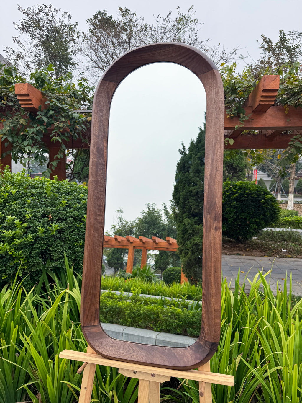 Solid Walnut Asymmetrical Mirror Set, Organic Modern Entryway Wall Art