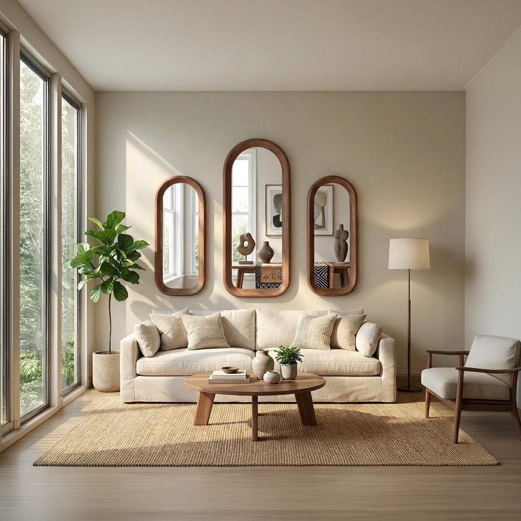 Solid Walnut Asymmetrical Mirror Set, Organic Modern Entryway Wall Art