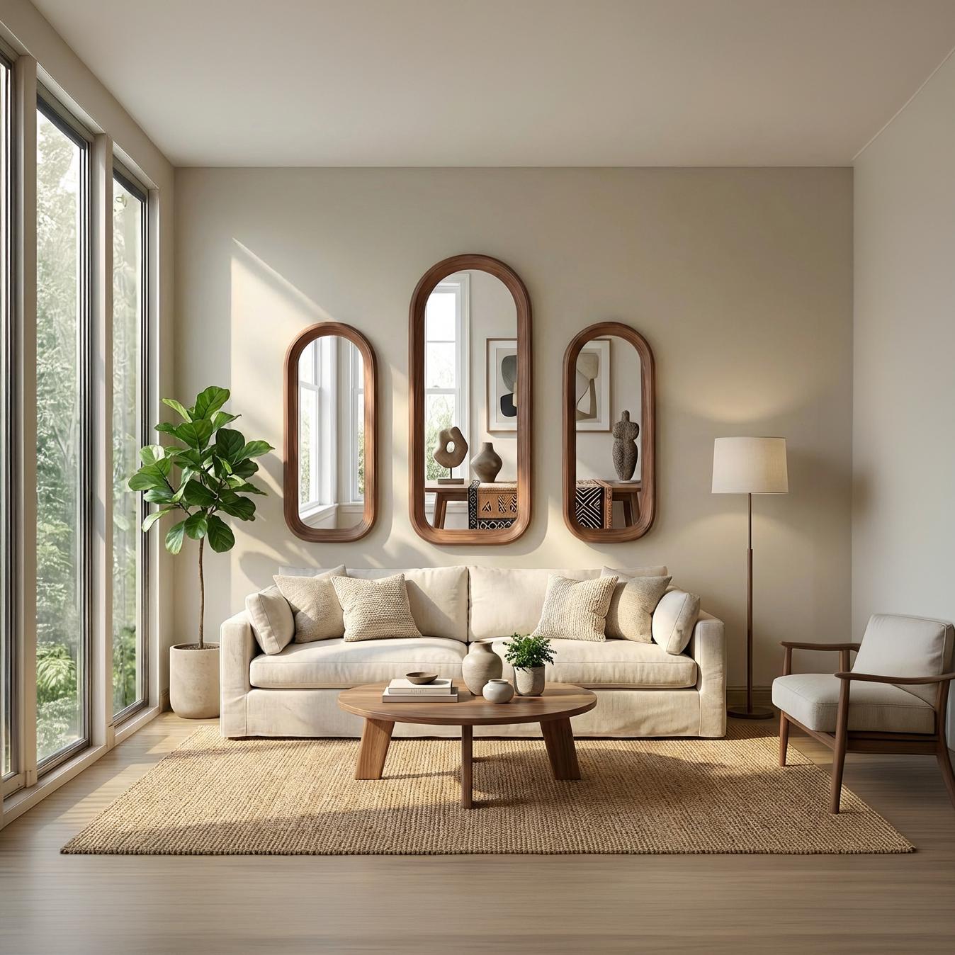 Solid Walnut Asymmetrical Mirror Set, Organic Modern Entryway Wall Art