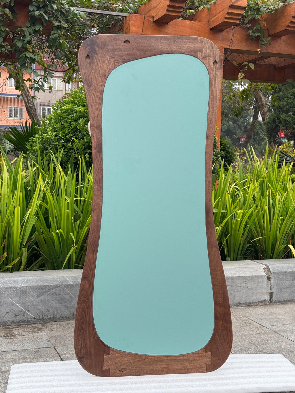 Handmade Walnut Wood Framed Asymmetrical Full Length Mirror