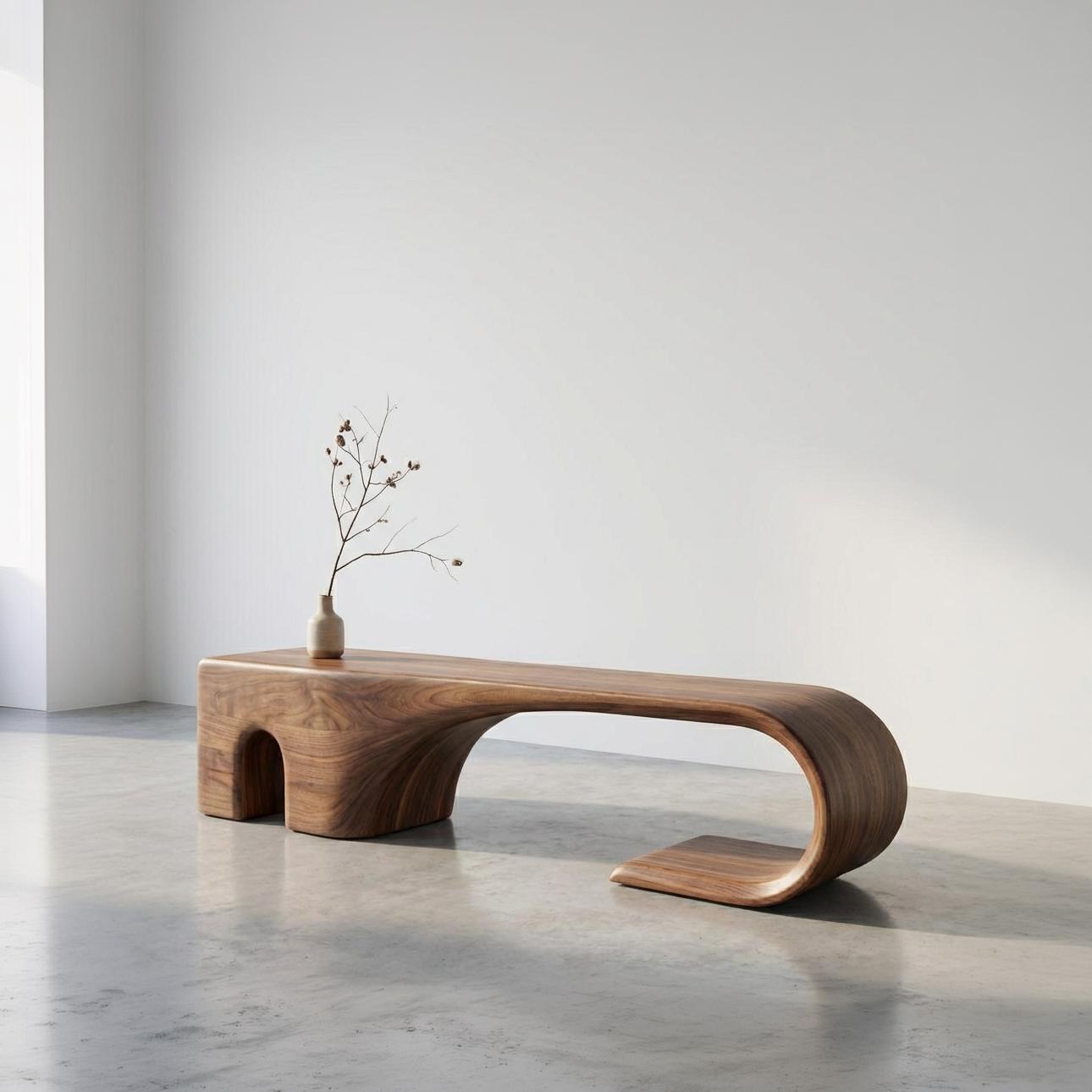 Handmade Walnut Bench – Mid-Century Modern Sculptural Entryway Bench