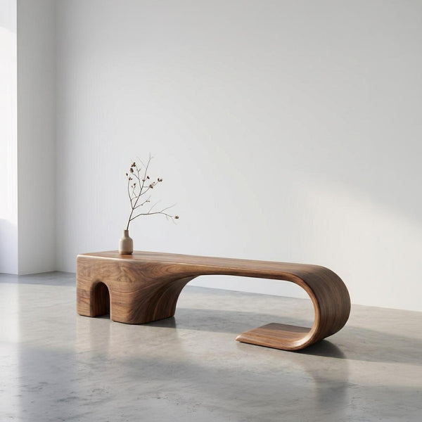 Handmade Walnut Bench – Mid-Century Modern Sculptural Entryway Bench