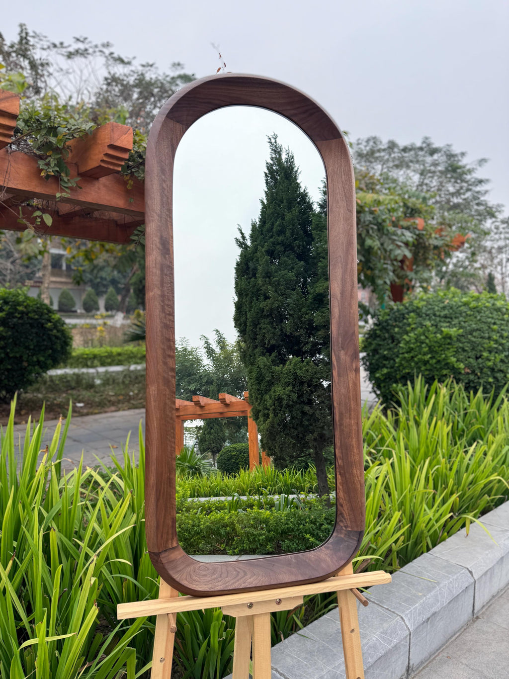 Solid Walnut Asymmetrical Mirror Set, Organic Modern Entryway Wall Art
