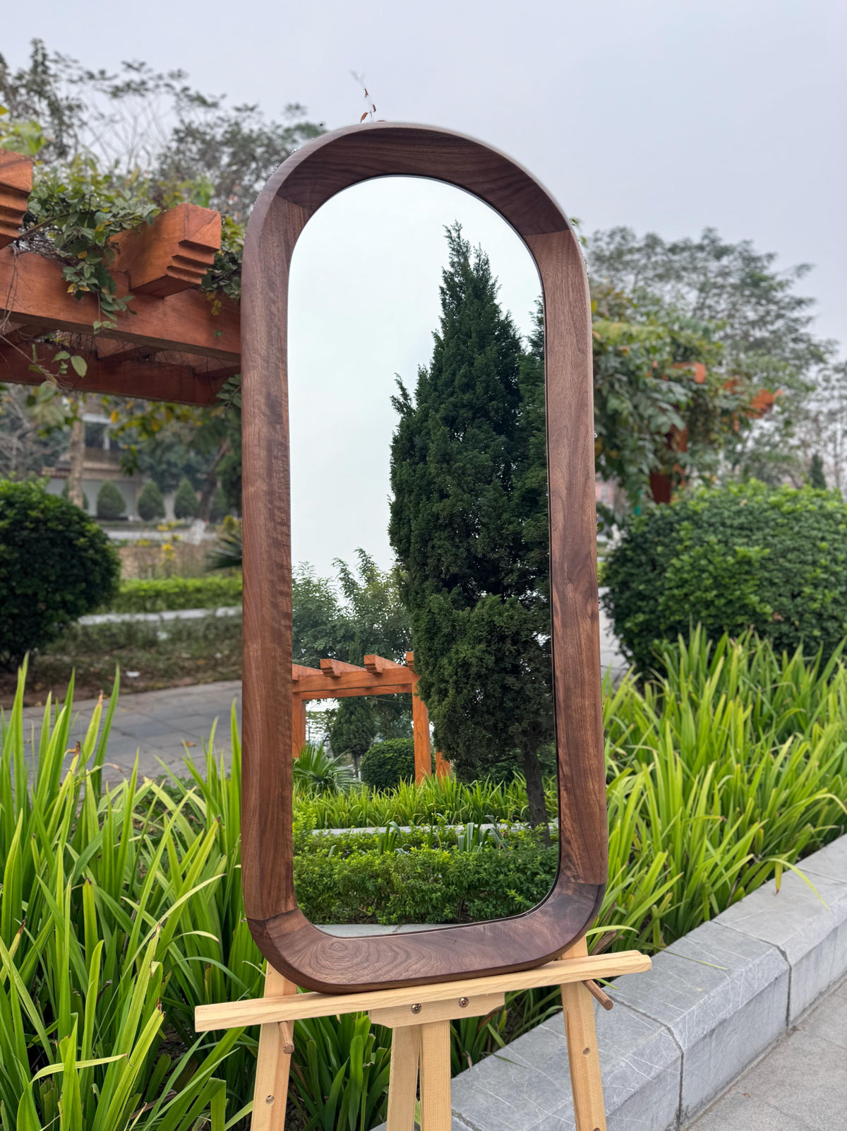 Solid Walnut Asymmetrical Mirror Set, Organic Modern Entryway Wall Art