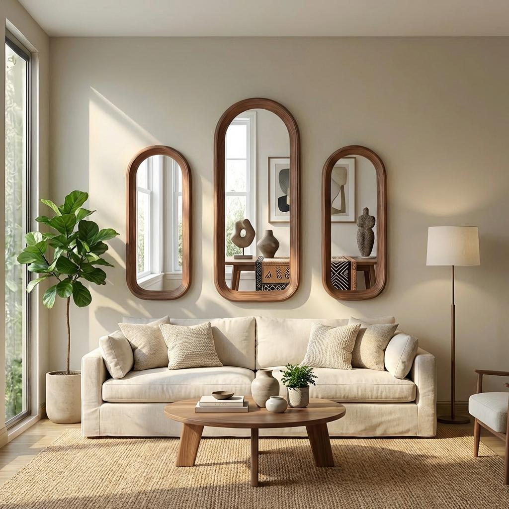Solid Walnut Asymmetrical Mirror Set, Organic Modern Entryway Wall Art