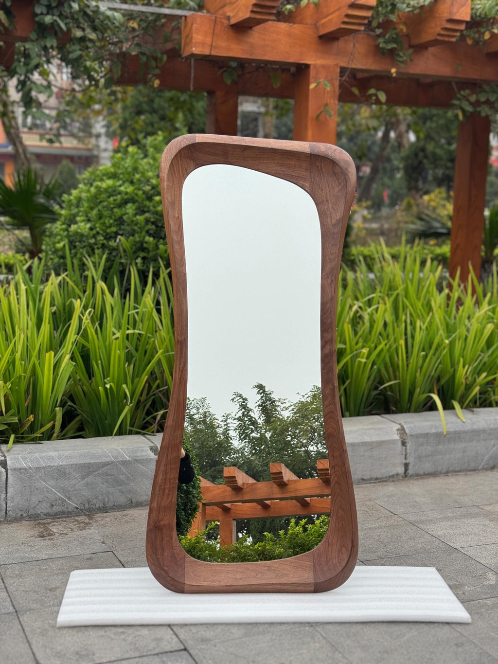 Handmade Walnut Wood Framed Asymmetrical Full Length Mirror