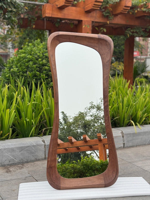 Handmade Walnut Wood Framed Asymmetrical Full Length Mirror