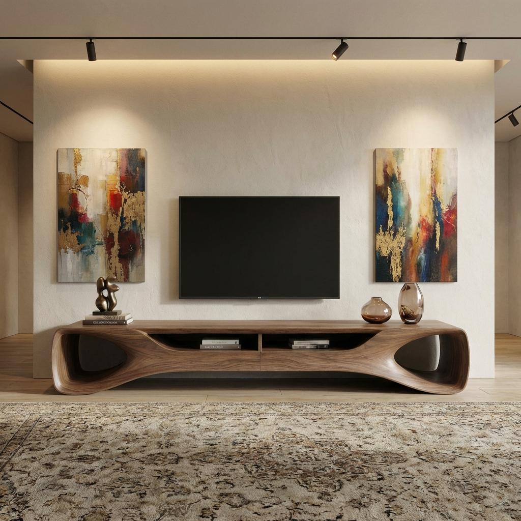 Organic Walnut Solid Wood TV Stand, Mid Century Modern Media Console