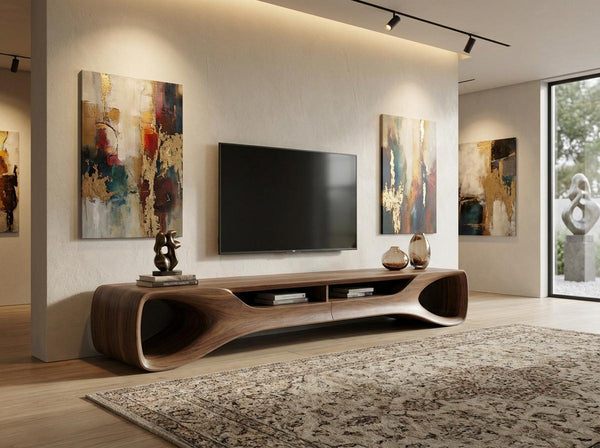 Organic Walnut Solid Wood TV Stand, Mid Century Modern Media Console