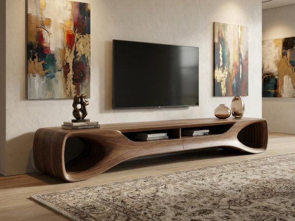 Organic Walnut Solid Wood TV Stand, Mid Century Modern Media Console