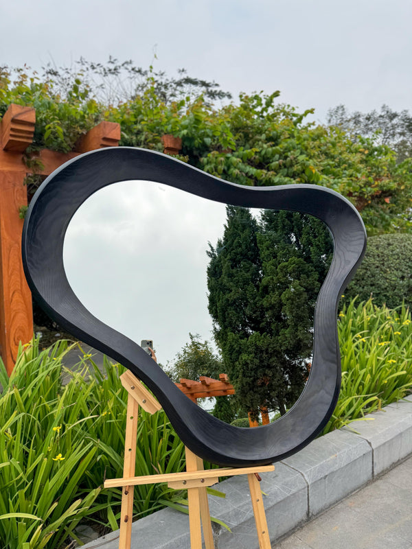 Black Oak Asymmetrical Mirror, Organic Wood Framed Wall Art, Modern Entryway Decor
