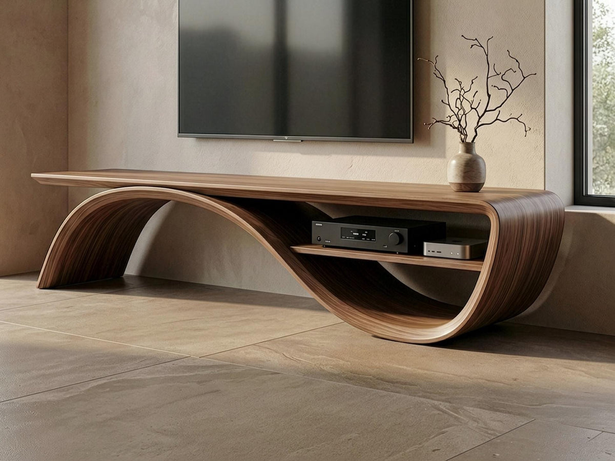 Sculptural Walnut TV Stand, Organic Bent Wood Console, Mid Century Modern Media Unit