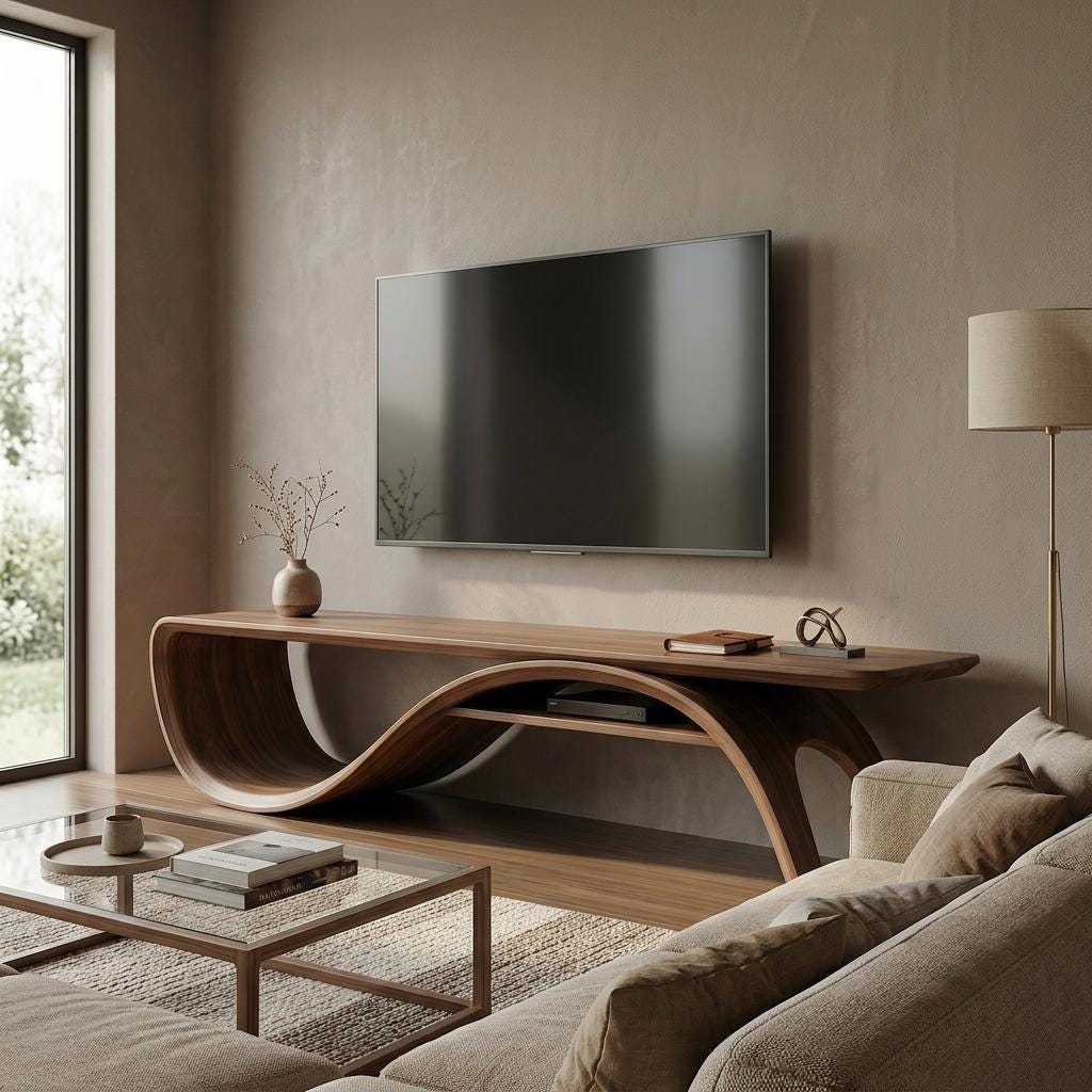 Solid Walnut Sculptural TV Stand, Mid Century Modern Media Console
