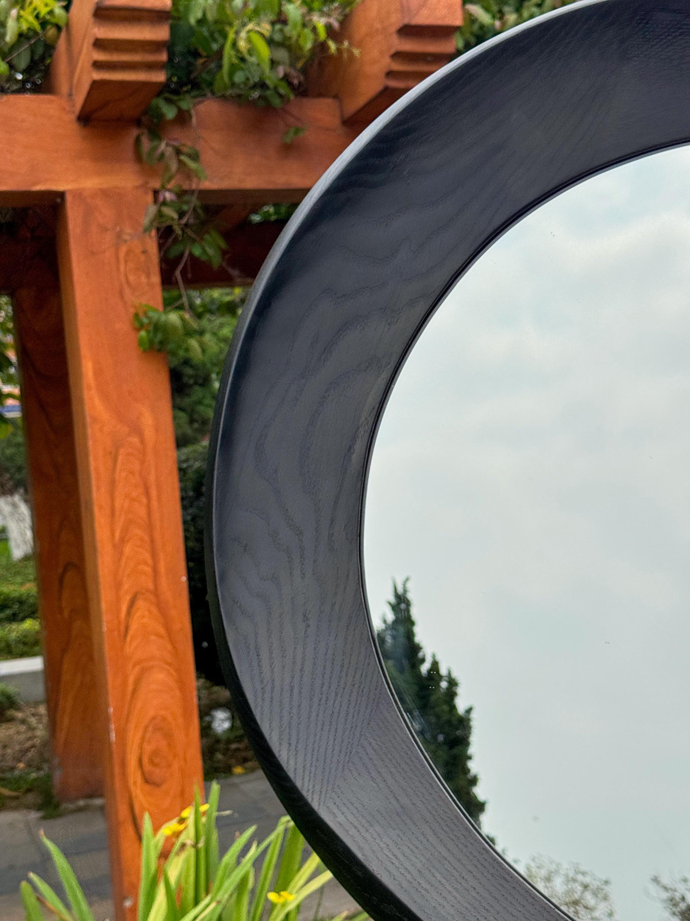 Black Oak Asymmetrical Mirror, Organic Wood Framed Wall Art, Modern Entryway Decor