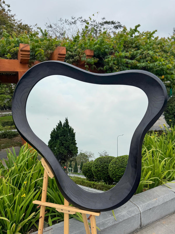 Black Oak Asymmetrical Mirror, Organic Wood Framed Wall Art, Modern Entryway Decor