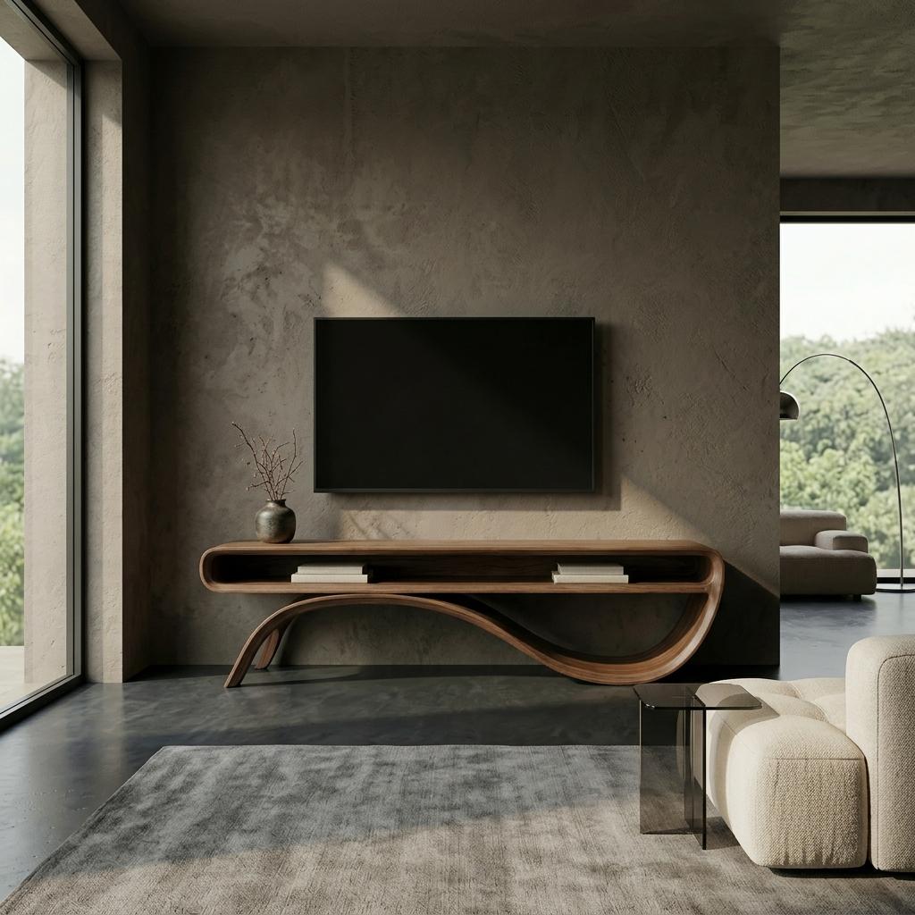 Sculptural Walnut TV Stand, Organic Curved Media Console, Mid Century Modern Furniture