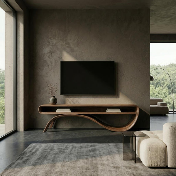Sculptural Walnut TV Stand, Organic Curved Media Console, Mid Century Modern Furniture
