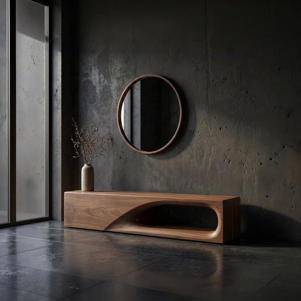 Mid-Century Modern Walnut Bench, Sculptural Solid Wood Furniture, Organic Living Room Accent