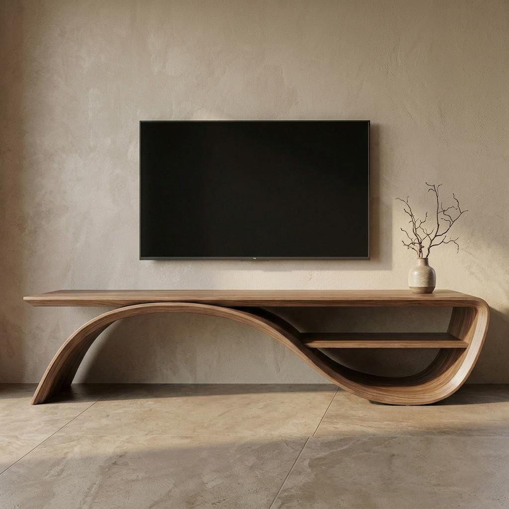 Sculptural Walnut TV Stand, Organic Bent Wood Console, Mid Century Modern Media Unit