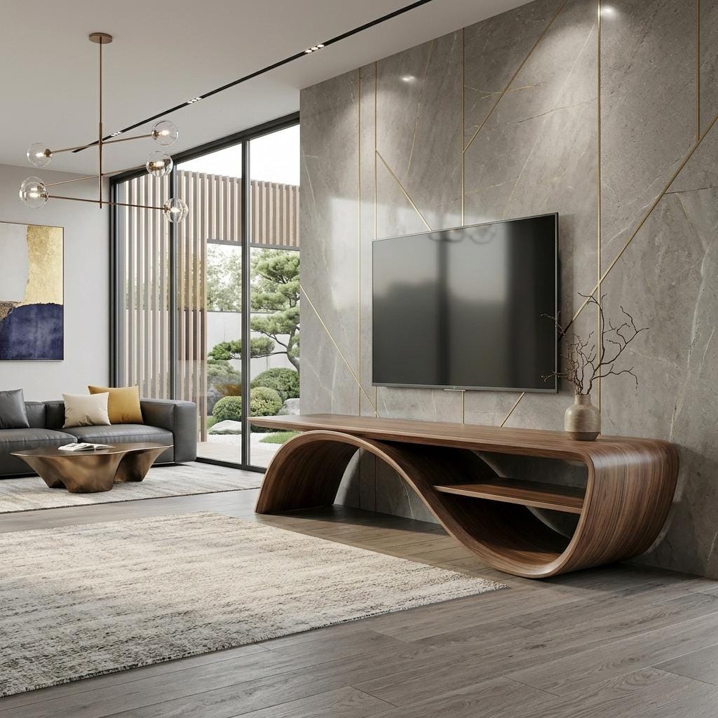 Sculptural Walnut TV Stand, Organic Bent Wood Console, Mid Century Modern Media Unit