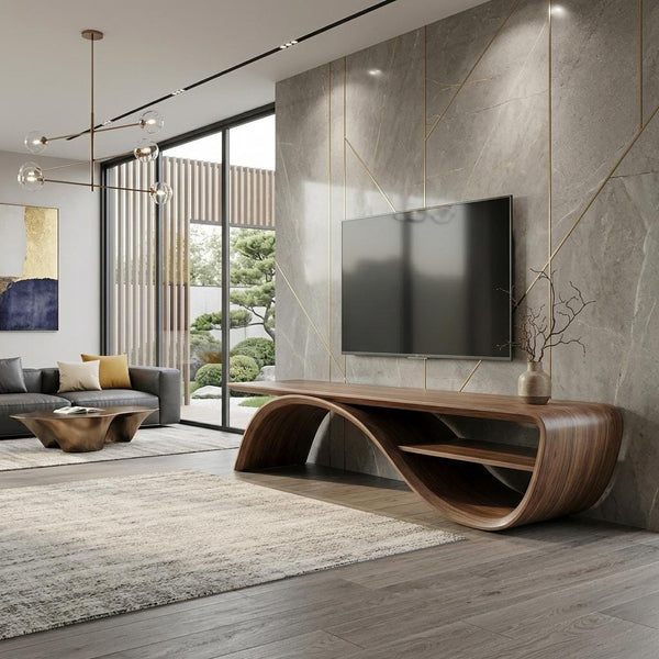 Sculptural Walnut TV Stand, Organic Bent Wood Console, Mid Century Modern Media Unit