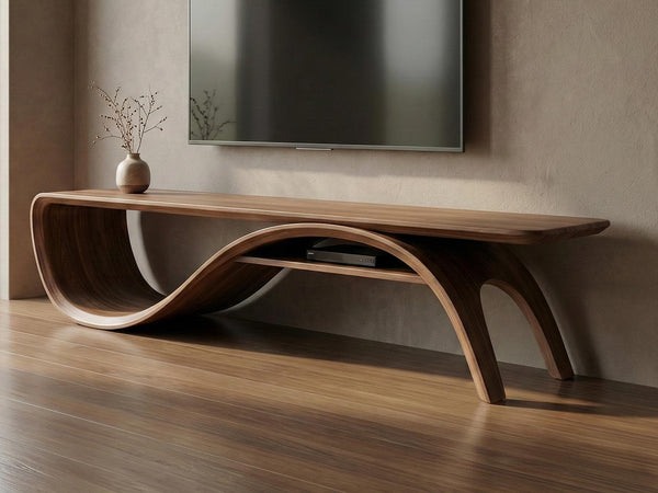 Solid Walnut Sculptural TV Stand, Mid Century Modern Media Console