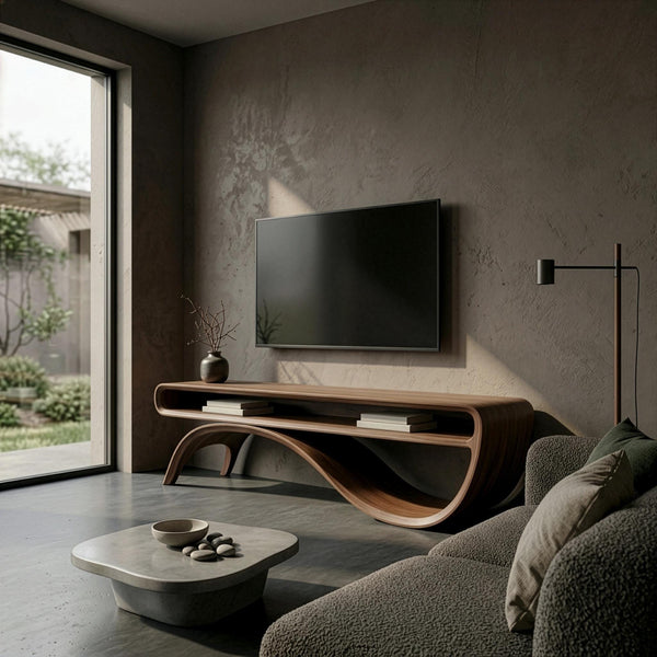 Sculptural Walnut TV Stand, Organic Curved Media Console, Mid Century Modern Furniture