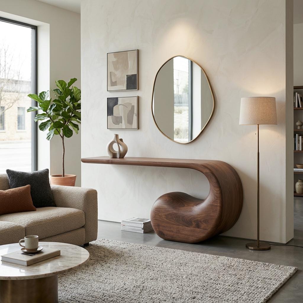 Sculptural Walnut Console Table, Organic Mid-Century Modern Hallway Furniture