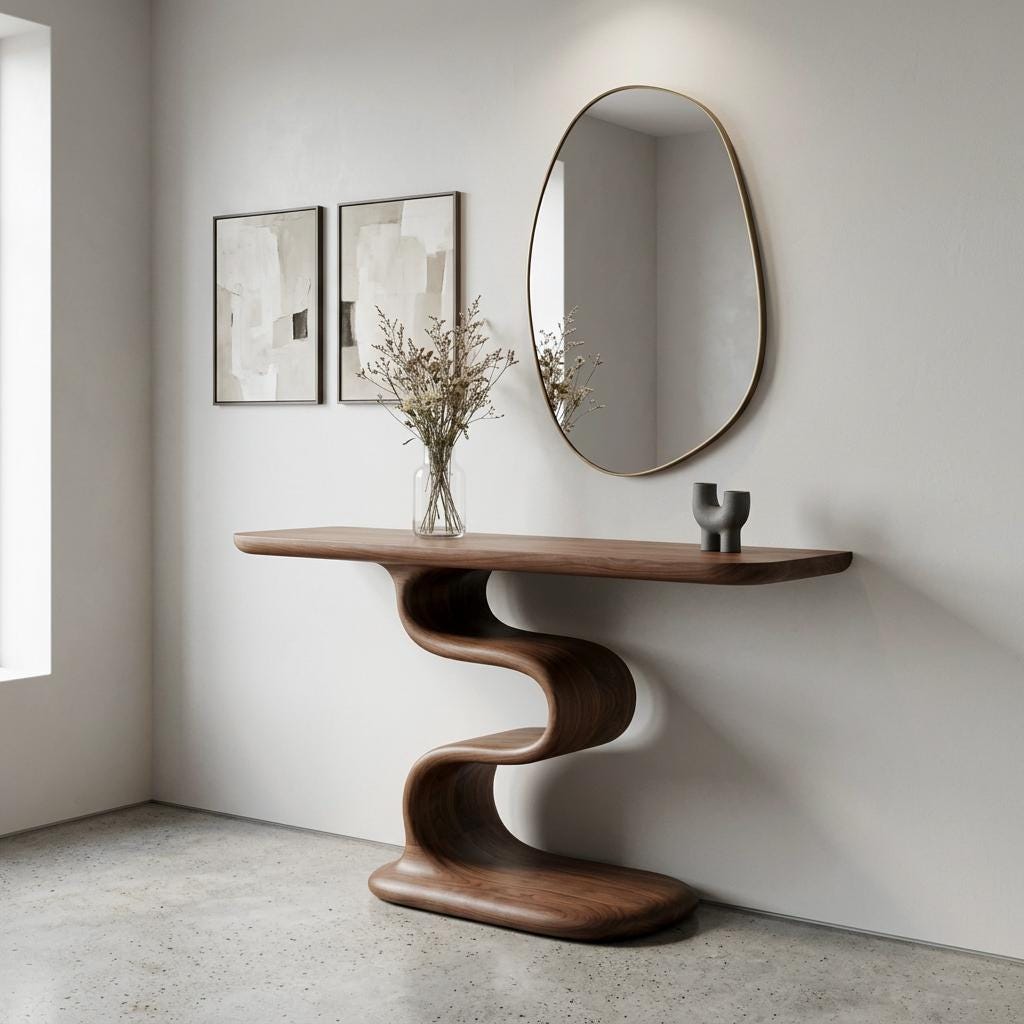 Sculptural Walnut Entryway Table, Organic Mid-Century Modern Living Room Console