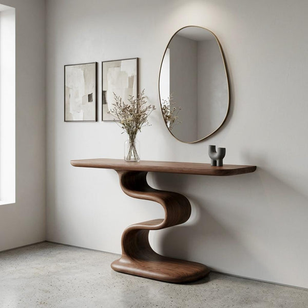 Sculptural Walnut Entryway Table, Organic Mid-Century Modern Living Room Console