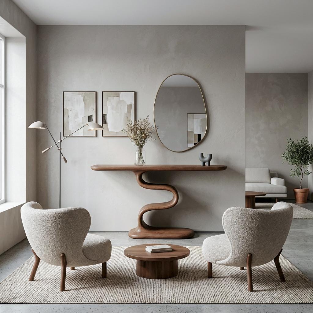 Sculptural Walnut Entryway Table, Organic Mid-Century Modern Living Room Console