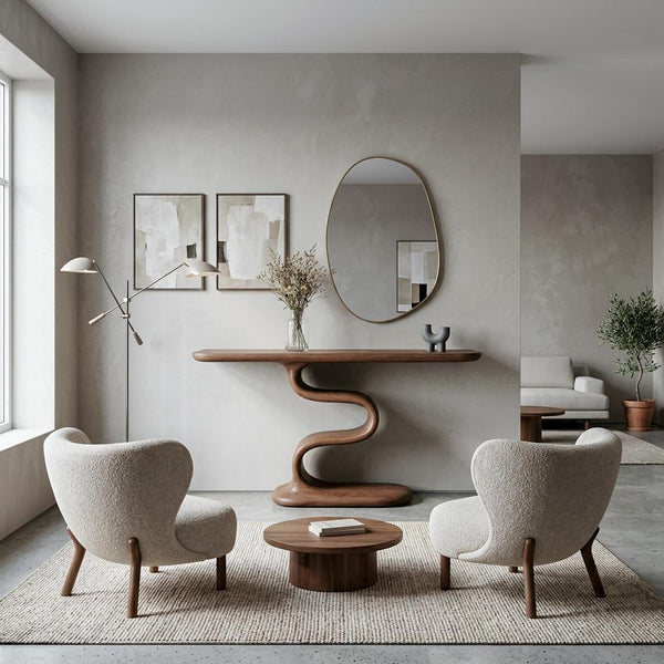 Sculptural Walnut Entryway Table, Organic Mid-Century Modern Living Room Console