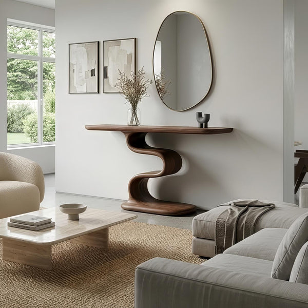 Sculptural Walnut Entryway Table, Organic Mid-Century Modern Living Room Console