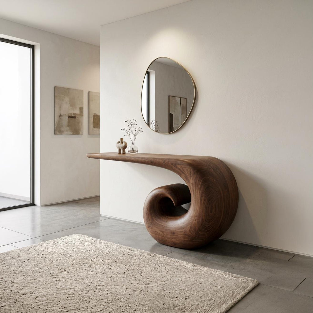 Sculptural Walnut Console Table, Mid Century Modern Entryway, Organic Wood Hallway Furniture