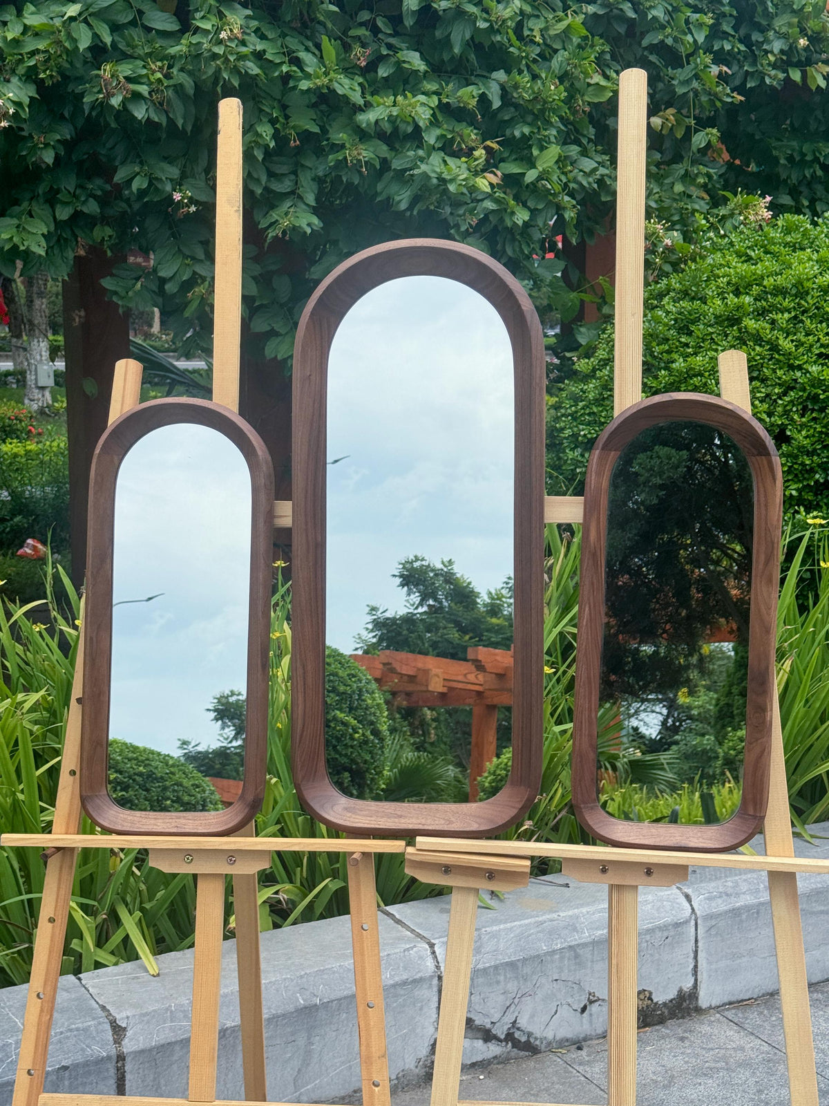 Solid Walnut Asymmetrical Mirror Set, Organic Modern Entryway Wall Art