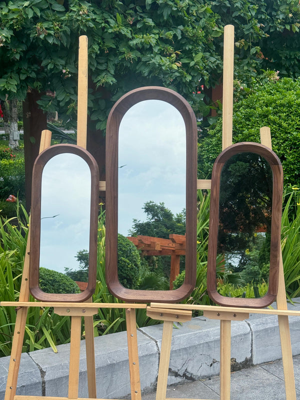 Solid Walnut Asymmetrical Mirror Set, Organic Modern Entryway Wall Art